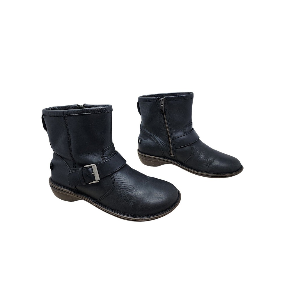 UGG Leather Boot 7 Wom Bryce Black Shearling Lined Waterproof Moto Buckle Ankle
